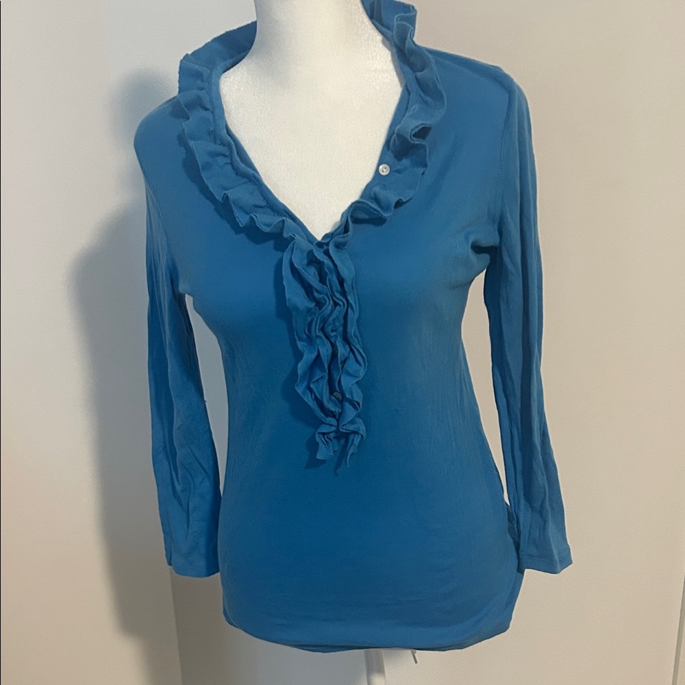 J. Crew sky blue  Ruffle V-Neck Long Sleeve Top